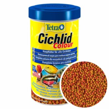Корм для окраса Цихлид Tetra Cichlid Colour, банка 500 мл. Корм для цихлид, содержит природные усилители цвета для яркой окраски всех видов красных, оранжевых и желтых цихлид