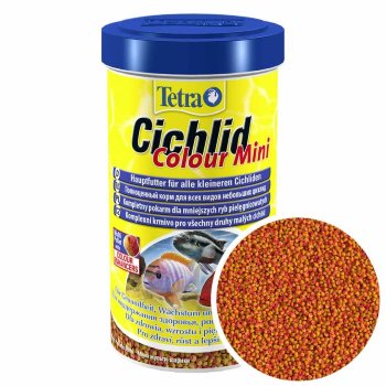 Корм для окраса Цихлид Tetra Cichlid Colour Mini, банка 500 мл. Корм для небольших цихлид, содержит усилители цвета для яркой окраски всех видов красных, оранжевых и желтых цихлид