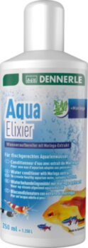 Добавка Dennerle Aqua Elixier 250 мл. Мгновенно нейтрализует хлор. Связывает токсичные тяжелые металлы, такие как медь и свинец. Защищает жабры, слизистые оболочки и плавники рыб на 1250 литров