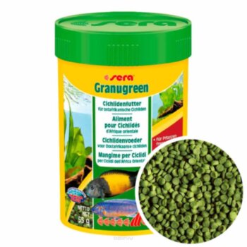 Корм для мелких растительноядных Цихлид Sera Granugreen, банка 100 мл. Основной корм для мелких травоядных Цихлид