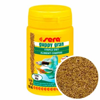 Корм для гуппи Sera Guppy Gran, банка 100 мл. Основной корм для Гуппи в виде гранул, удовлетворяет потребности гуппи и особенно активных видов рыб