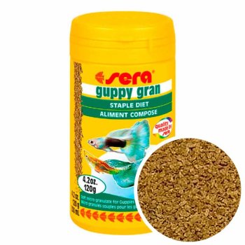 Корм для гуппи Sera Guppy Gran, банка 250 мл. Основной корм для Гуппи в виде гранул, удовлетворяет потребности гуппи и особенно активных видов рыб