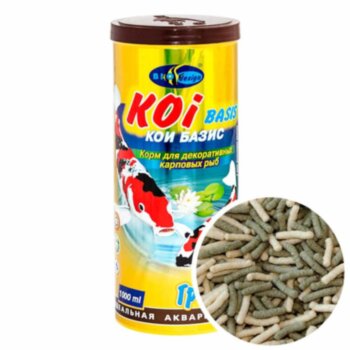 Корм для карпов Кои Биодизайн Кои Базик, банка 1000мл/85г. Основной корм для прудовых рыб, карпов Кои, карасей, в виде плавающих гранул.