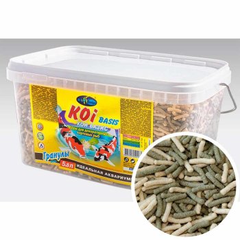 Корм для карпов Кои Биодизайн Кои Базик, ведро 5,8л/450г. Основной корм для прудовых рыб, карпов Кои, карасей, в виде плавающих гранул.