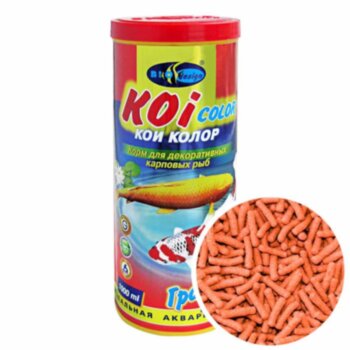 Корм для окраса карпов Кои Биодизайн Кои Колор, банка 1000мл/85г. Корм для окраса карпов Кои, карасей, а также других прудовых рыб, в виде плавающих гранул