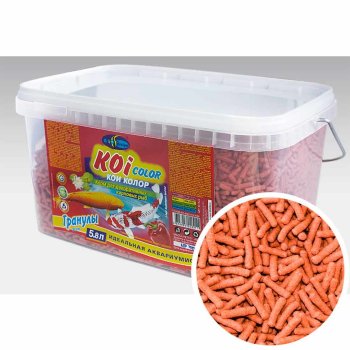 Корм для окраса карпов Кои Биодизайн Кои Колор, ведро 5,8л/450г. Корм для окраса карпов Кои, карасей, а также других прудовых рыб, в виде плавающих гранул