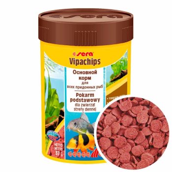 Основной корм для сомов Sera Vipachips, банка 100 мл. Основной корм для сомов, состоящий из тонущих чипсов для всех донных рыб