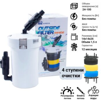 Фильтр внешний Sunsun HW-602 (без шлангов, без помпы) Внешний фильтр Sunsun HW-602, для аквариума 25 - 100 литров. С регулировкой потока, наполнителями, флейтой. Без шлангов, без помпы!