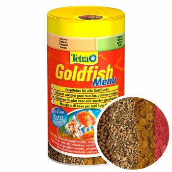 Корм для золотых рыб Tetra Goldfish Menu 250 мл. 4 корма в одной баночке для золотых рыбок. Чипсы, гранулы, хлопья, дафния в качестве лакомства.