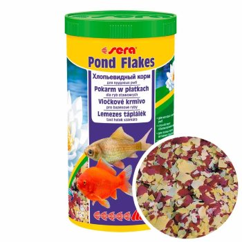 Корм для всех прудовых рыб Sera Bioflakes, банка 1000мл/180г. Корм для всех мелких прудовых рыб, для кормления рыб в течение всего года