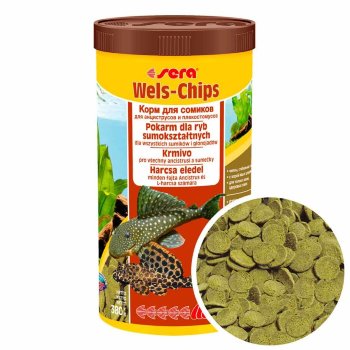 Основной корм для сомов Sera Wels Chips, банка 1000 мл. Чипсы, основной корм для сомов анцитрусов и плекостомусов