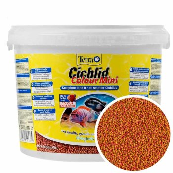 Корм для окраса Цихлид Tetra Cichlid Colour Mini, ведро 10 л. Корм для небольших цихлид, содержит усилители цвета для яркой окраски всех видов красных, оранжевых и желтых цихлид