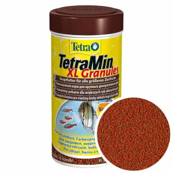 Корм для крупных рыб Tetra Min XL Granules, банка 250 мл. Основной, ежедневный корм для всех видов аквариумных рыб в виде крупных гранул.