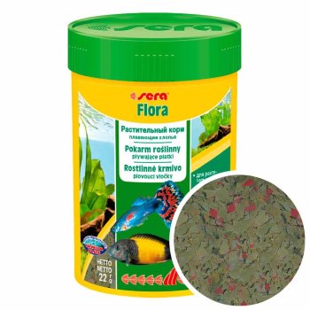 Корм для растительноядных рыб Sera Flora, банка 100 мл. Основной корм для всех травоядных рыб, в виде хлопьев