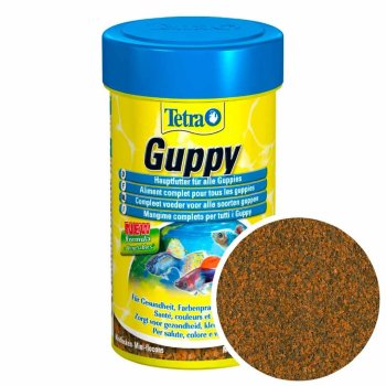 Основной корм для Гуппи Tetra Guppy, банка 100 мл. Сбалансированный корм для всех видов гуппи в виде мелких хлопьев