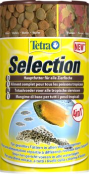 Корм Tetra Selection 250 мл. (4 вида корма) 4 вида корма с различными характеристиками погружения для целевого питания любых видов тропических рыб во всех слоях воды.