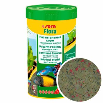 Корм для растительноядных рыб Sera Flora, банка 250 мл. Основной корм для всех травоядных рыб, в виде хлопьев
