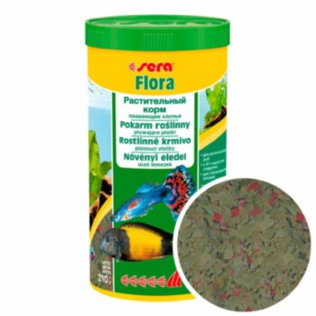 Корм для растительноядных рыб Sera Flora, банка 1000 мл. Основной корм для всех травоядных рыб, в виде хлопьев