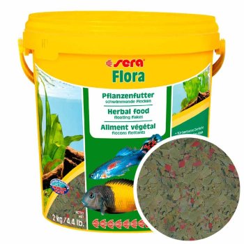 Корм для растительноядных рыб Sera Flora, ведро 10 л. Основной корм для всех травоядных рыб, в виде хлопьев
