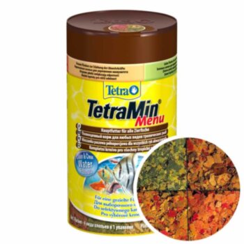 4 корма для рыб в одной банке Tetra Min Menu, банка 250 мл. Корм для рыб 4 вида хлопьев для выборочного и разнообразного кормления всех видов декоративных рыб.