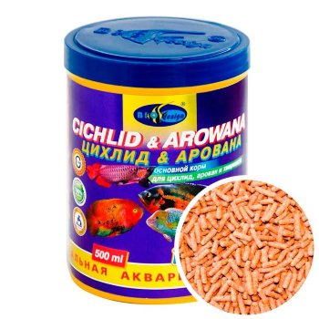 Корм для цихлид Биодизайн Цихлид Арована Стикс, банка 500мл/140г. Корм для кормления арован и крупных видов цихлид (астронотусы, акары и.т.д.) и других хищных рыб в виде плавающих гранул.